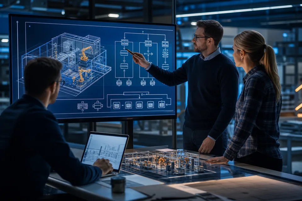 Engineering-Team bei der Entwicklung eines technischen Anlagenkonzepts